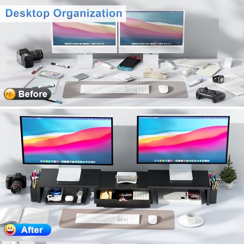 gianotter Dual Monitor Stand Riser, Desk Organizer With Drawer and 2 Pen Holders, Computer Monitor Stand, Shelf for Top of Desk, Black - color: Black