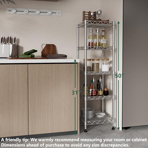 GIOTORENT 5 Tier Standing Shelving Metal Units, Adjustable Height Wire Shelf Display Rack for Laundry Bathroom Kitchen 11.8 W x 11.8 D x 50 H (5-Tier, Grey, Matte/Glossy Finish) - color: Grey, size: 11.8D x 11.8W x 50.0H (5Tier)