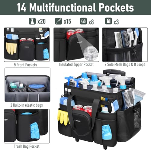 Ytonet Cleaning Caddy with Wheels, Large Rolling Cleaning Caddy Bag with Detachable Trolley for Housekeepers, Water Resistant Cleaner Supplies Organizer with Wheels for Kitchen, Car, Tool Organizer - color: Black, size: X-Large