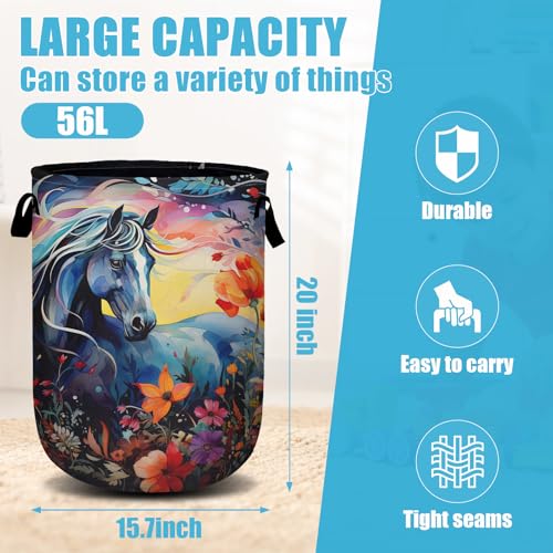 Colorful Horse Floral Laundry Basket, Laundry Hamper Collapsible Oxford Cloth with Handle Clothes Toy Storage Bin for Bathroom Laundry Room Bedroom 15.7 X 20 Inch - color: Colorful Horse Floral