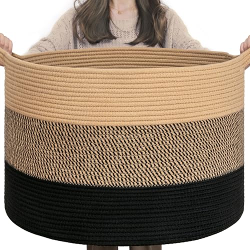 INDRESSME XXXLarge Cotton Rope Basket 21.7" x 21.7" x 13.8" Woven Baby laundry Blanket Basket for Living Room Decor, Toy Storage Baskets for Kids Boys Girls, Camel Mix & Black - color: Camel Mix & Black, size: 21.7"D x 13.8"H