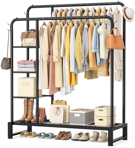 Double Rods Clothes Rack Clothing Rack with 4 Tier Storage Shelves Clothes Rack for Hanging Clothes Multifunctional Heavy Duty Clothes Organizer with Hooks for Bedroom,Wardrobe Closet,Shop,Black - color: Black
