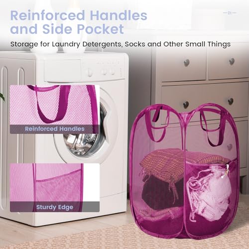 HOUSE AGAIN 2 Pcs Pop Up Laundry Hamper, Strong Mesh Laundry Baskets Collapsible, Hamper with Handles and Side Pocket, Portable Foldable Dirty Clothes for Dorm, Laundry room and Travel Storage, Pink - color: Pink, size: 2-Pack