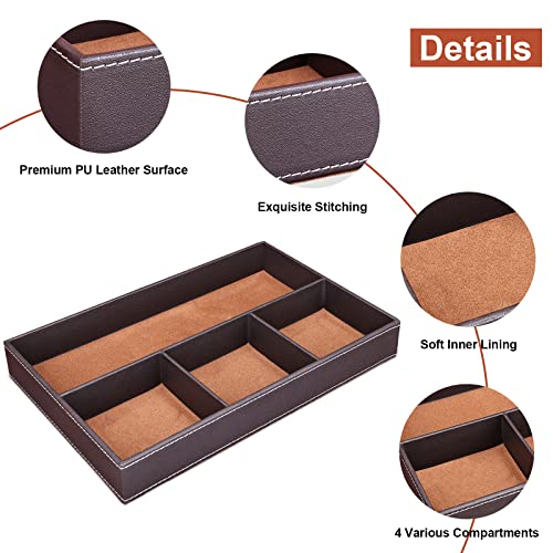 GORESE 2 Pieces Faux Leather Valet Tray for Men, Stackable Jewelry Trays for Drawers, Mens Dresser Top Organizer for Key, Wallet, Sunglass, Watch, Coin, Phone, Nightstand Bedside Tray Brown - color: Brown-2 Set