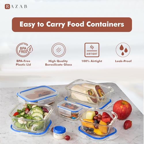 Razab 35 Pc Set Glass Food Storage Containers with Lids - Meal Prep Airtight Bento Boxes BPA-Free 100% Leak Proof (15 lids,15 glass & 5 Plastic Sauce/Dip Containers) - color: Dark Blue