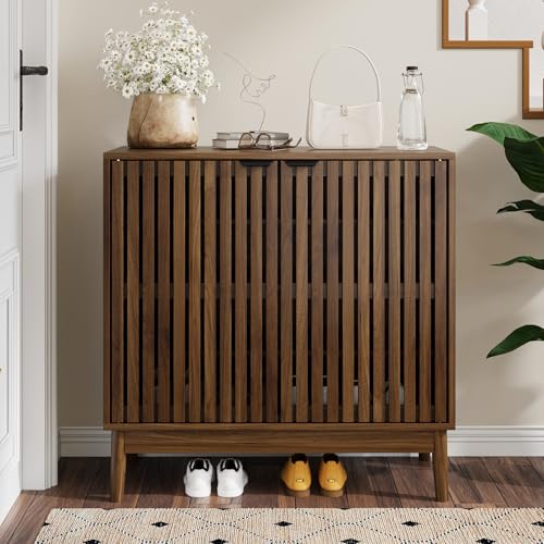 Kiasthome Shoe Storage Cabinet with Ventilated Slatted Doors, Wooden Shoe Organizer, Shoes Rack for Entryway, Hallway, Living Room - color: Walnut, size: 31.5" W