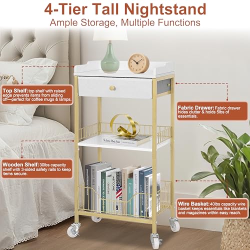 Gold & White Side Table with Storage Basket, Tall End Table with Drawer, 4-Tier Bathroom Storage Shelf with Optional Wheels, Nightstand for Dorm, Living Room, Bedroom - color: Gold With White