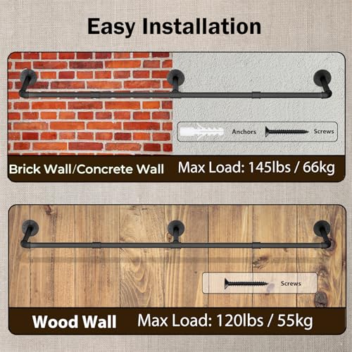 Wall Mounted Clothes Rack 60in, Industrial Pipe Clothing Racks Wall Mount, Heavy Duty Detachable Iron Garment Bar, Saving Space, Multi-Purpose Hanging Rod for Bedroom, Laundry Room, 1 Pack - size: 60.0Inches