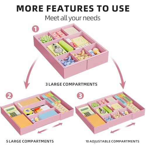 Marbrasse Expandable Desk Drawer Organizer, Clear Plastic Drawer Organizer Tray with 10 Adjustable Compartments, Desk Organizers and Accessories, 5 Drawer Dividers for Office Supplies, Makeup (Pink) - color: Pink