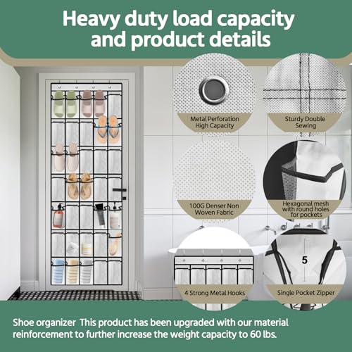 PAULONE 35 Pocket Over the Door Shoe Organizer,Reusable Breathable Large Mesh Bag Men's & Women's Sneaker Organizer,Shoe Organizer for Kids,Hanging Shoe Storage Hanging Bag -White - color: White