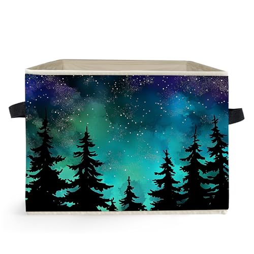 Starry Night Forest Storage Box Bins, Galaxy Star Sky Pine Tree Woods Collapsible Storage Basket Organizer for Bedroom Laundry Room Home Clothes Toys Books, Toybox for Girls Boys - color: Starry Night