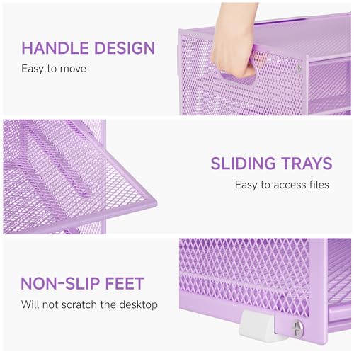 Lavatino 3-Tier Letter Tray Desk Organizer, Mesh Paper File Tray Organizer for Desk, Office Supplies & Home Organization, Fits A4 Paper, Mail, Magazines & Office Accessories (Purple with Handle) - color: 4-tier With Handle - Purple