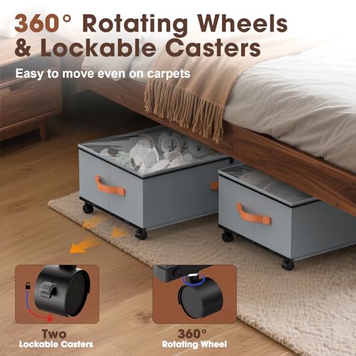 Eastherry Under Bed Storage Containers with Wheels, 9.5 inches Higher Underbed Shoes Blankets Clothes Toy Storage Drawers for College Dorms Bedrooms Nursery Rooms Organization, 2 Pack to be Assembled - color: Grey