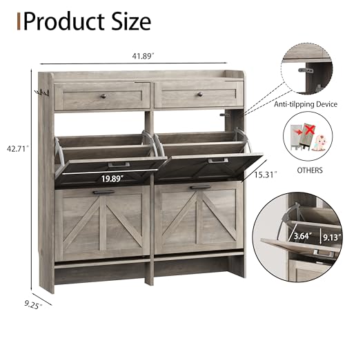 Shoe Cabinet with 4 Flip Drawers & 2 Top Drawers, 43" Tall Freestanding Narrow Wooden Shoe Storage Organizer for Entryway, Hidden Slim Shoe Rack for Front Door Entrance, Hallway, Living Room, Grey - color: Grey, size: 4 Flip Drawers