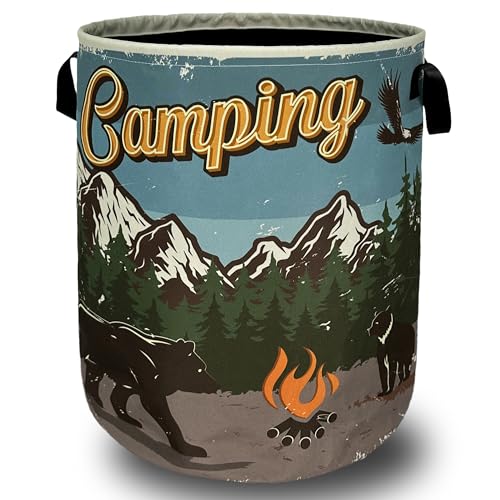 Retro Camping Mountain Bear Laundry Basket Foldable With Handles Tote Bag Oxford Cloth Funny Laundry Hamper Clothes Storage Bucket Toy Organizer For Bathroom/Laundry/Bedroom 18.9" x 16.5 " - color: Retro Camping With Mountains Bear