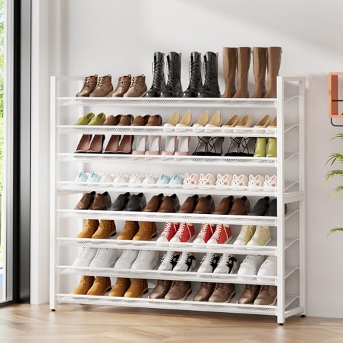 Metal Shoe Rack,Large 8 Tier Shoe Organizer, Heavy Duty Metal 8-Tier Stackable Shoe Storage Vertical Shoe Rack for Closet Front Door,Entrance,Entryway,Garage,Up to 50 Pairs - color: White, size: 8 Tier