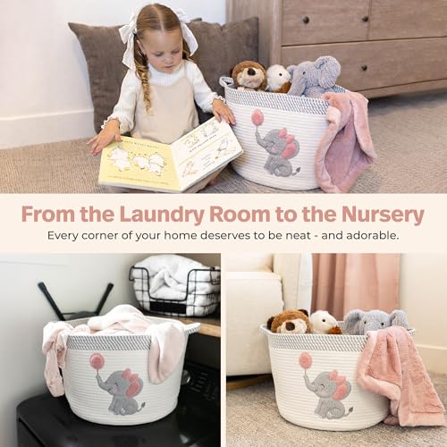 Elephant Storage Basket for Nursery – Large 15”x11” Cotton Rope Bin with Soft Felt Elephant Patch – Toy Organizer, Baby Laundry Hamper, Diaper & Towel Holder – Foldable, Washable & Baby-Safe - color: Girl Elephant