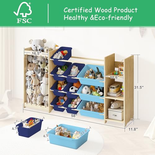 EXPERLAM 3-in-1 Toy Storage Organizer, Stuffed Animal Holder & 3-Tier Bookcase, Solid Wood Toy Organizer with 12 Storage Bins, Space-Saving Toy & Book Shelf for Kids Rooms, Bedroom, Playroom, Blue - color: Blue
