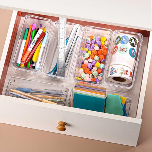 Ohlove 6Pcs Clear Plastic Drawer Organizers Tray 6" x 3" Storage Bins with 25Pcs Non-slip Pads for Makeup, Jewelries, Kitchen Utensils, Bathroom and Office - size: 6"x3"