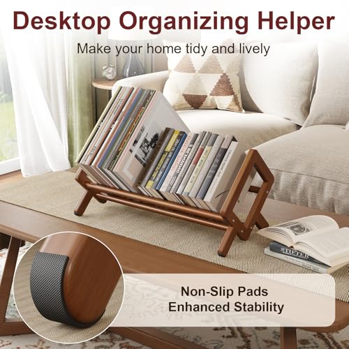 Premium Desktop Bookshelf Organizer, Small Bamboo Desk Book Rack Shelf for Magazine, Cookbook,Books, Retro Brown Table Top Bookcase Shelves Holder Storage, Wooden Tabletop Holders Racks for Countertop