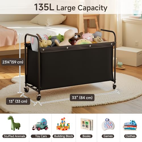 StorageWorks Toy Box with Wheels for Kids, 135L Large Toy Storage Chest and Organizer, 23" Metal Toybox with 360° Swivel Wheels for Bedroom, Kids Room, Stuffed Animal Storage, Black - color: Black, size: 33"Lx13"Wx23¼"H