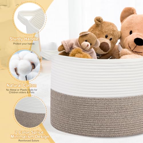Large Laundry Basket 22''x14''Woven Cotton Rope Baby Blanket Basket for Living Room Girl Laundry Hamper Toy storage Baby basket Nursery Hamper Storage Bin (White+Brown) - color: White//Brown, size: 100L