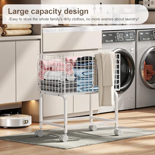 Wire Laundry Hamper Cart,80L Laundry Hamper Trolley with Pull Handle,White High Laundry Basket Cart for Laundry Room,Bathroom,Bedroom-White（23.6 * 15.75 * 28inch） - style: Medium Oblong-White