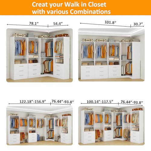 Closet System with 9 Wooden Drawers, 8.5-21.6FT Corner Closet Organizer System,Walk in Closet System with 9 Hanging Rods, Heavy Duty Modular Closet Systems Built-in Shelving System, 4 Sets - color: SL07090909