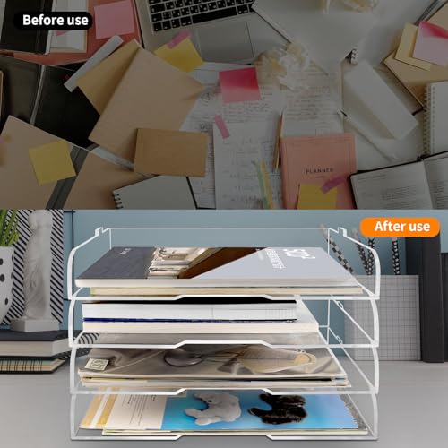 4 Pack- Stackable Paper Letter Tray,Clear Acrylic Magazine Holder and File Organizer - Sleek Desk Organizer for Home Office, Bookshelf, or Workspace - Space-Saving Transparent Document Holder - style: Stackable-4 Pack