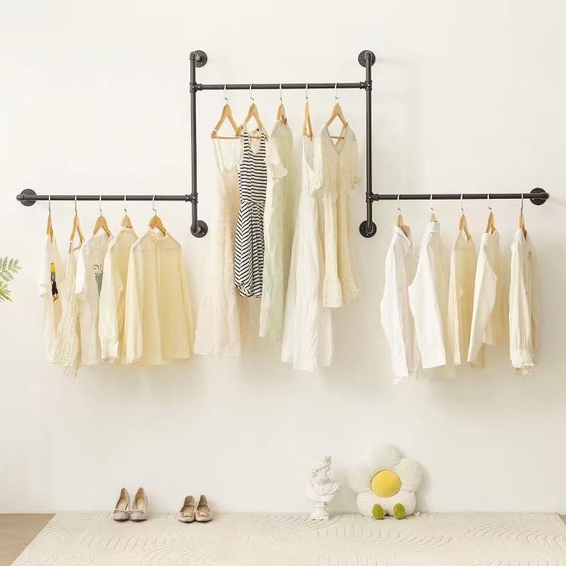 Industrial Pipe Clothing Rack Wall Garment Rack with Pipe Clothes Rails, Heavy Duty Clothes Hanging Rods Space-Saving Closet Organizer (Wall Clothing Rack-3 Hanging Rods) - style: wall clothing rack-3 hanging rods