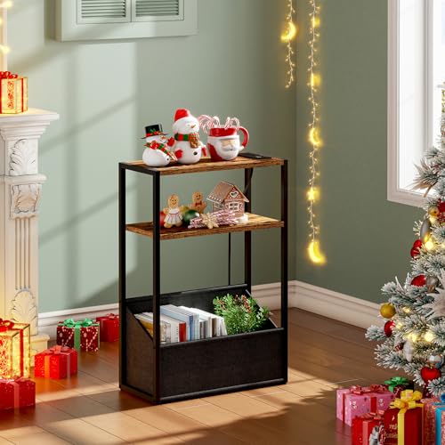 TUTOTAK Narrow Side Table, Small End Table with Charging Station, Nightstand with Fabric Basket, Bedside Table for Small Space, Livingroom, Bedroom Brown TB01BB095 - color: Brown