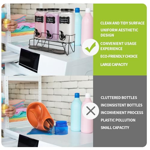 3 Sets 2.2L Liquid Laundry Detergent Dispenser, Glass Laundry Soap Dispenser with Stand, Measuring Cup, Fabric Softener Dispenser for Laundry Room Organization
