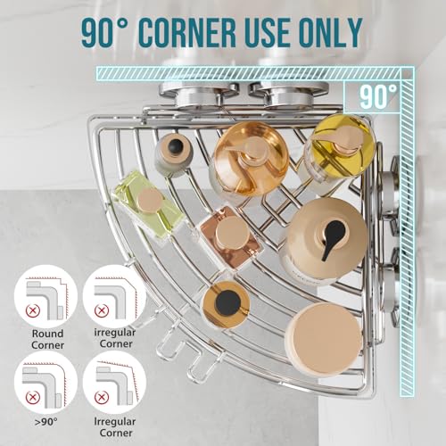 TAILI 2 Pack Powerful Suction Cup Corner Shower Caddy, Stainless Steel Rustproof Shower Shelf with Hook, Drill-Free Wall Mounted Basket, Large Capacity Removable Suction Cup Bathroom Organizer, Silver - style: Corner Caddy, Silver