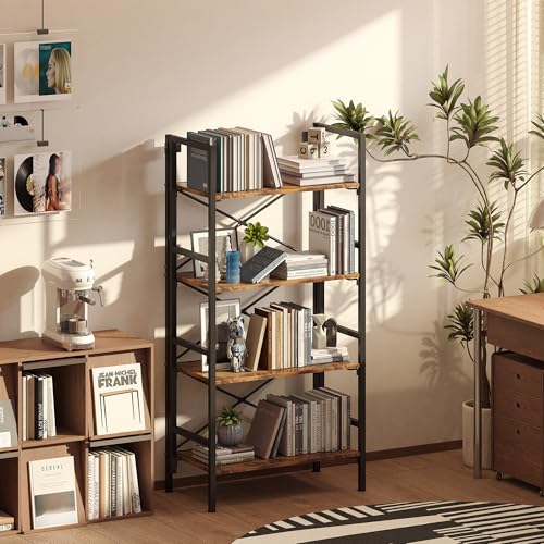 Homeiju Folding Bookshelf,4 Tier Bookcase Foldable Shelf with X-Bracket Design, Adjustable Feet, Space Saving Storage for Living Room, Office, Rustic Brown - color: Rustic Brown, size: 4 Tier