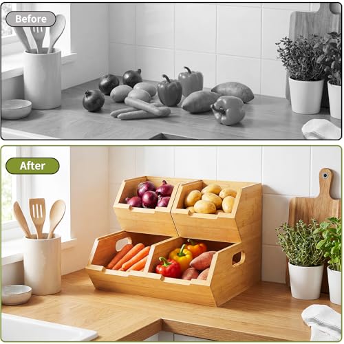 Bamboo Pantry Storage Bins for Vegetables, Potato and Onion Storage Bin for Pantry, Produce Bins for Kitchen Counter
