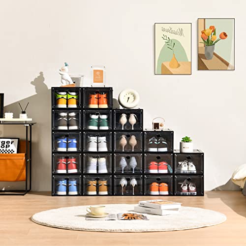 Amllas 12 Pack Shoe Boxes Stackable,Upgraded Sturdy Shoe Storage Boxes with Clear Magnetic Door,Multifunctional Sneaker Storage, Shoe Box Organizer Fit up to US Size 12 Gray(13.8”x 9.84”x 7.1”) - color: Black, size: 12 Pack
