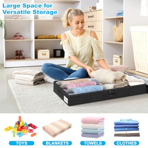 Under Bed Storage Container Bin 4 Pack, 4.5 Inch Slim Low Profile Underbed Clothes Storage Organizer for Dorm & Home, Use for Blanket and Toy Storage Box W/ Sturdy Bottom/Sides, Foldable Thick Fabric - color: Black-4 Pack, size: 4.5in-Slim