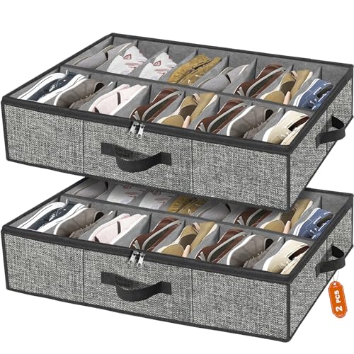 homyfort Under the Bed Shoe Storage Organizer for Closet, Extra Large Underbed Shoe Container, 2 Pack Fits 32 Pairs - color: Dark Gray with Pattern