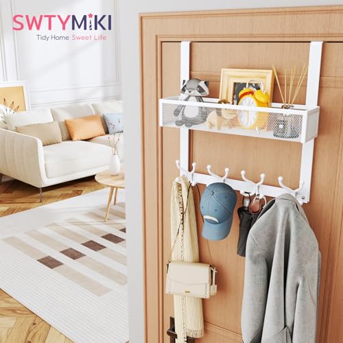 SWTYMIKI Over The Door Hook with 16 Hooks & Mesh Baskets - Heavy Duty Over The Door Organizer Hanger for Towels, Coats, Clothes - Space Saving Hanging Rack for Bathroom, Living Room, White - color: White-1 Basket