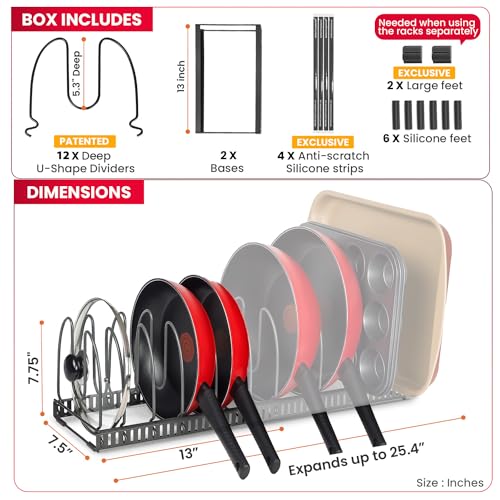 Better Things Home 7.5” Wide 12-Slot Adjustable Large Pan and Pot Lid Organizer with Scratch-Free Pads, Expandable Pot Lid Holder Rack for Cabinet, Pots and Pans Organizer Inside Cabinet - color: Dark Grey, size: PAN & BAKEWARE - 12+ DIVIDERS