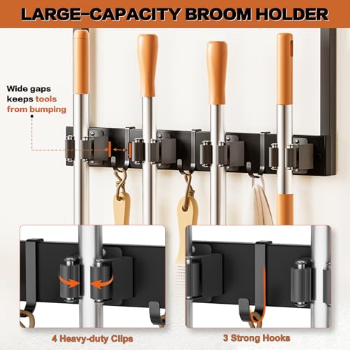 Broom Holder Wall Mount with Cleaning Supplies Organizer, Laundry Room Organization and Storage Shelves, Mop Hanger Broom Rack with Hooks, Home Improvement Kitchen Shelf Garage Organizer - size: Small