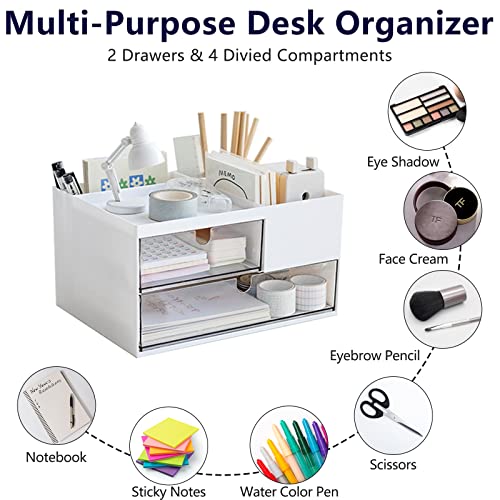 Desk Drawer Organizer, Desk Storage Box with 2 Drawers and 4 Compartments, Multifunctional Desk Accessories & Countertop Organizers for Office School Home (White） - size: 9*6.5*5inch - 6 Compartment