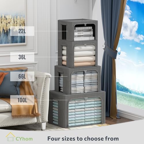 CYhom Clothes Storage Bins Box - Linen Fabric Foldable Stackable Container Organizer Set with Clear Window & Carry Handles & Metal Frame - 2Pack Large Capacity for Bedding, Blankets, Books - color: Dark Gray, size: Large-66L