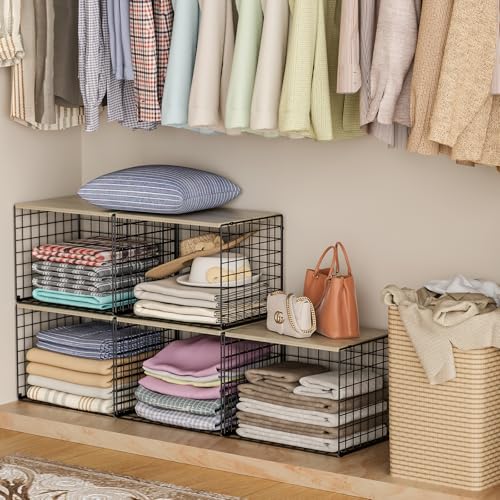 Extra-Long Closet Organizers and Storage with Top Board, 3 Pack Stackable Closet Shelf Organizer, Double Storage Design Clothes Storage Cube/Bin Organizer for Wardrobe,Space-Saving, Black,Sturdy,Metal - color: BLACK, size: 15.74"（L）*12"（W）*12.2"（H）