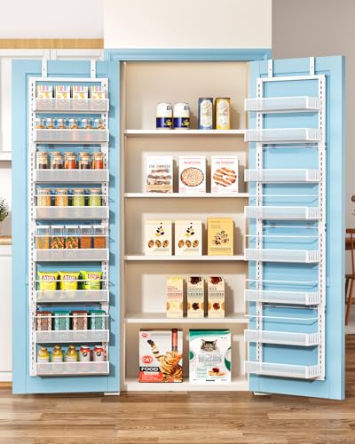 8 Tiers Over the Door Organizer - Height Adjustable Pantry Organizers and Storage with Dense Mesh Baskets, Anti-Swing Hanging Door Spice Rack for Kitchen Bathroom (White, 12.3"W x 4.7"D x 69"H) - color: White, size: 12.3"W x 4.7"D x 69"H