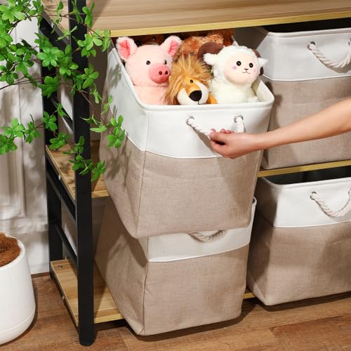 meekoo 8 Pack Collapsible Storage Bins Fabric Storage Bins Polyester Fabric Baskets with Handles Linen Closet Organizer for Shelf Home Closet Towels Toys(17 x 12 x 15 in,Beige) - color: Beige, size: 17 x 12 x 15 In