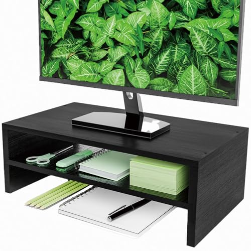 Simpple Trending Monitor Stand Riser, 2 Tier Wood Office Desk Storage Organizer for Laptop, Computer, Black