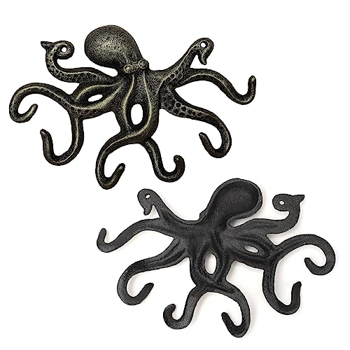 Key Holder for Wall, Octopus Wall Hooks Decorative for Hanging, Cast Iron Coat Hooks/Towel Hooks with 6 arms - Bronze - color: Bronze