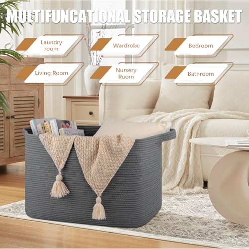 OIASKET 118L Extra Large Blanket Basket, 24.8"x17.7"x16.2" Woven Rope Baskets for Storage, Nursery Blanket Storage for Living Room, Toy Basket with Handle Organizing Comforter Cushions Pillows, Grey - color: Dark Grey
