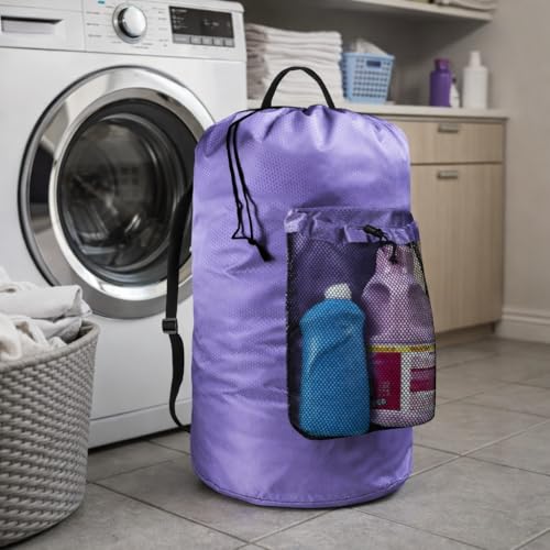 Laundry Bag with Shoulder Straps and Mesh Pocket Laundry Backpack Large Portable Laundry Hamper for College Laundromat Apartment - color: Purple